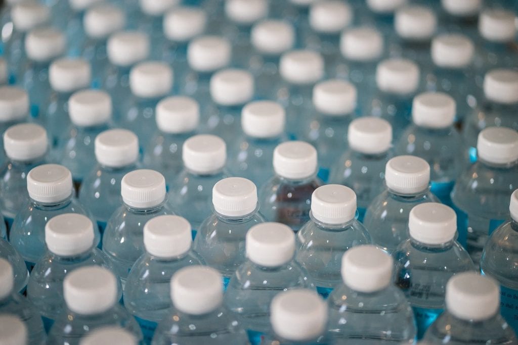 Bottled water lined up at the production factory