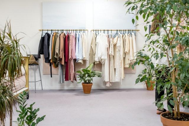 vintage clothes hanging in white room with indoor plants