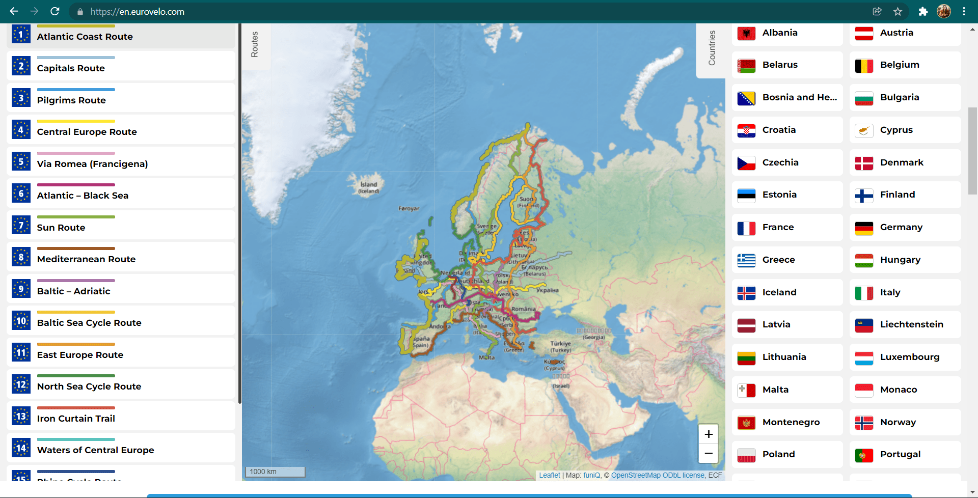 EuroVelo cycle network showing routes around a map of Europe
