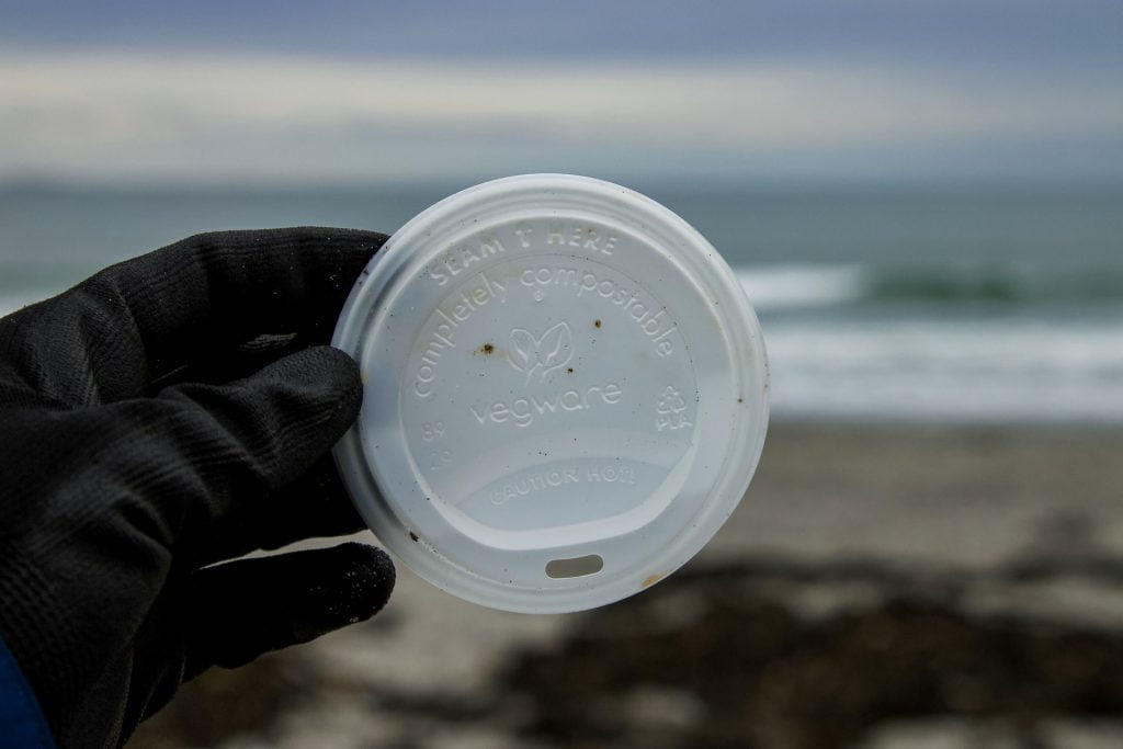 Greenwashing: hand at beach holding disposable coffee cup lid