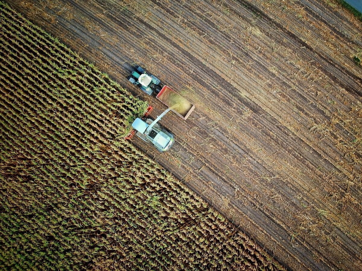 Ethics in Food and Agriculture: A farm harvester seen from above