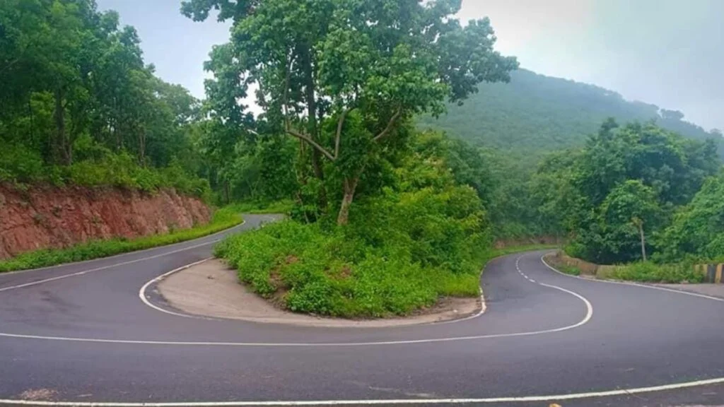 Daringbadi, Odisha. Hairpin turn on a road surrounded by forest
