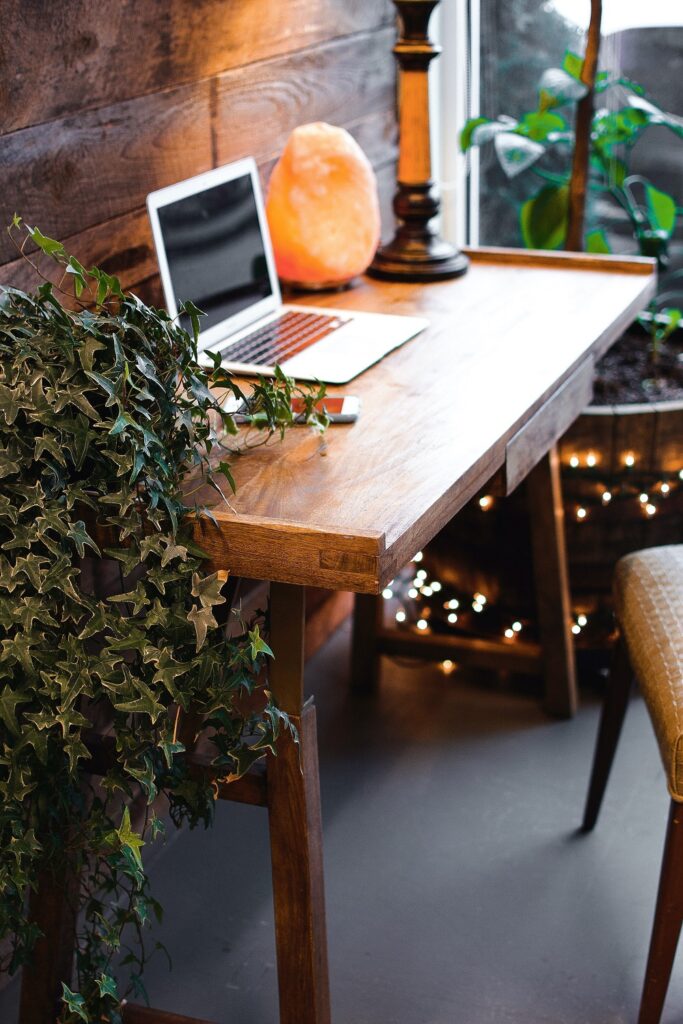 Minimalism and Sustainability: wooden table with salt lamp and laptop, plants nearby