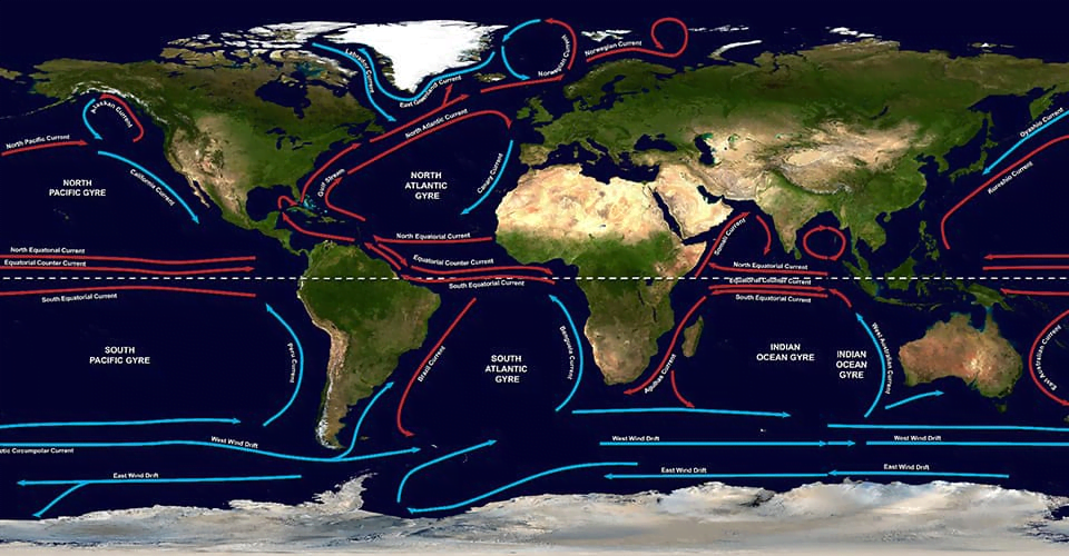 A world map showing ocean currents