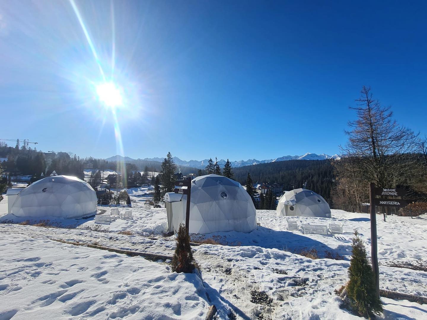 Sustainable Travel Trends: Igloo huts in the snow under a blue sky
