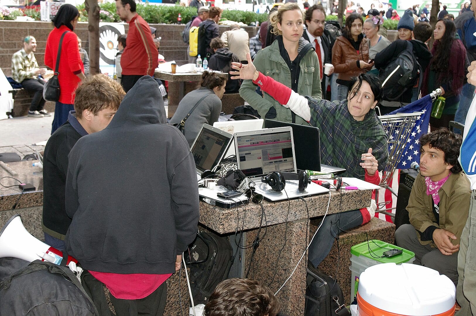 Day 3 of the protest Occupy Wall Street in Manhattan's Zuccotti Park. Discussing unrestricted funding.