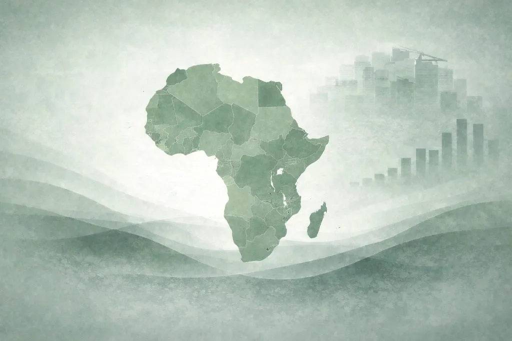Abstract data visualisation layered over a muted map of Africa, representing waste data.