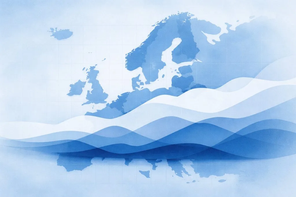 Abstract data visualisation layered over a muted map of Europe representing EU waste data by sector.