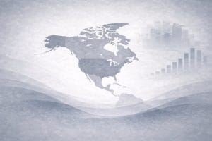 North America map graphic with faint charts and a city skyline in the background.