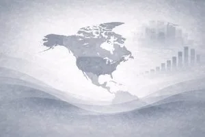 North America map graphic with faint charts and a city skyline in the background.