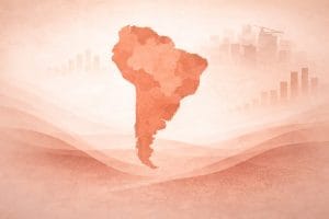 South America map graphic with faint charts and a city skyline in the background.