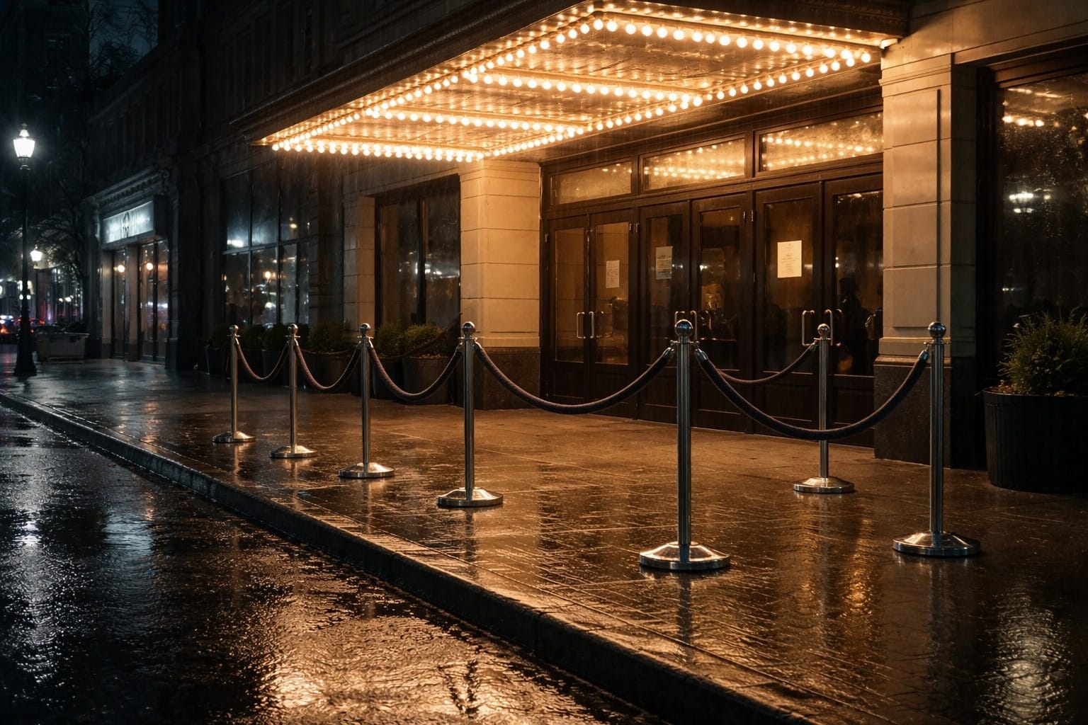 Missing middle class: Empty theatre entrance at night in the rain, with velvet ropes set up but no one waiting.