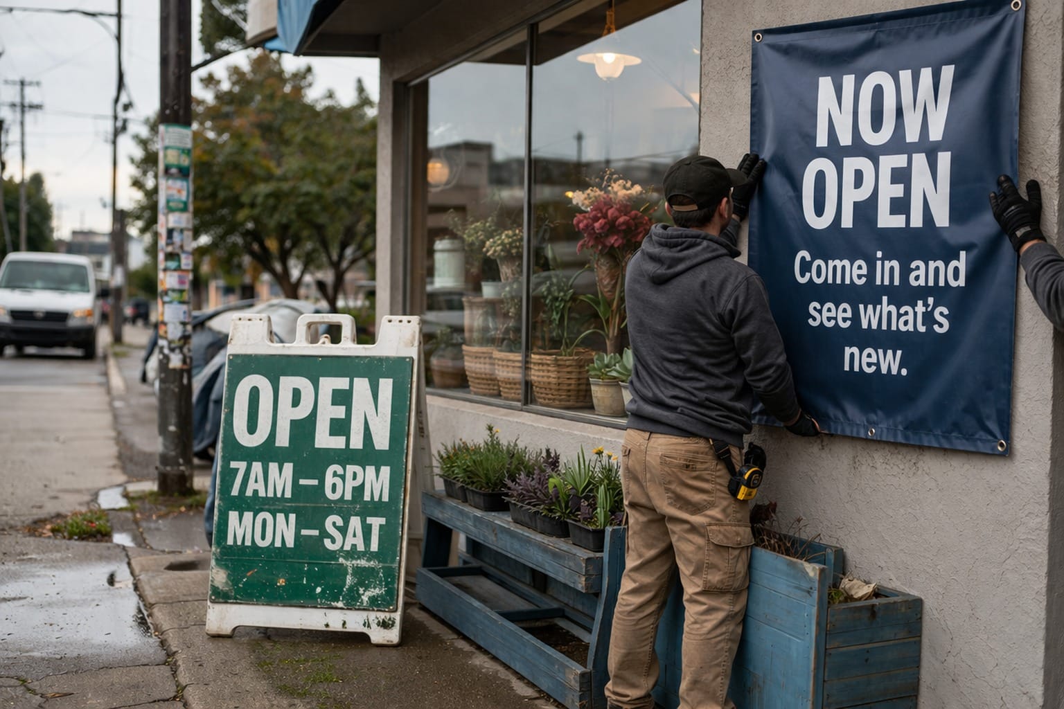 Signage: Worker installing a large outdoor business sign beside a shopfront on a wet urban street