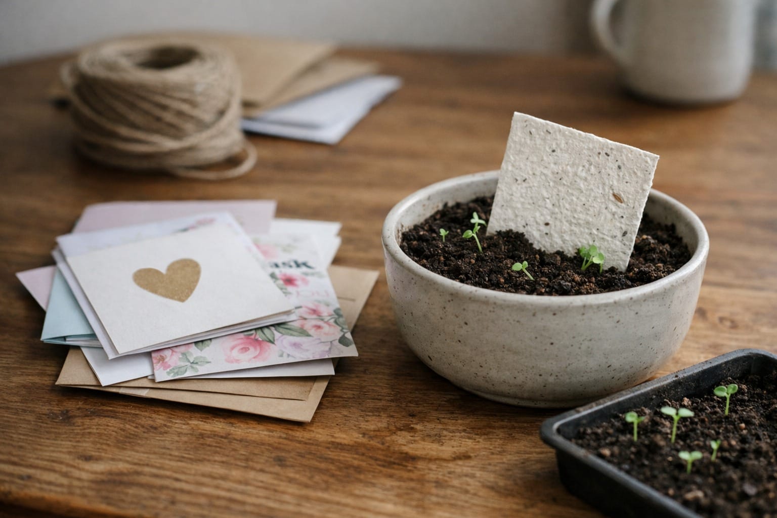Mixed greeting cards on a wooden table beside a plantable seed paper card in soil with small green sprouts
