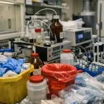Analytical laboratory bench with waste containers, disposable gloves, solvent bottles, and testing equipment, showing the material intensity of routine lab work.