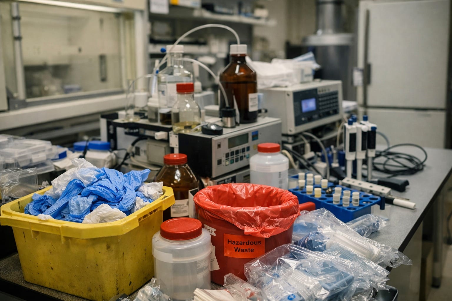 Analytical laboratory bench with waste containers, disposable gloves, solvent bottles, and testing equipment, showing the material intensity of routine lab work.