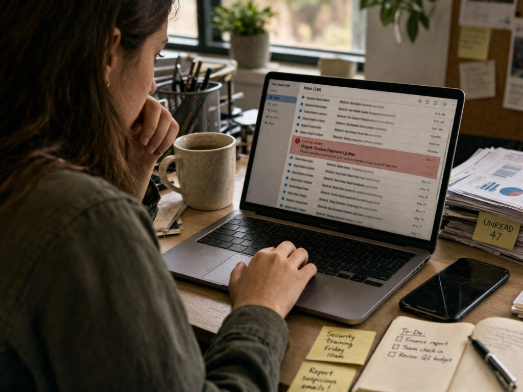 Woman using a laptop at a desk with an email inbox open, alongside a coffee mug, phone, notebooks, and office supplies.