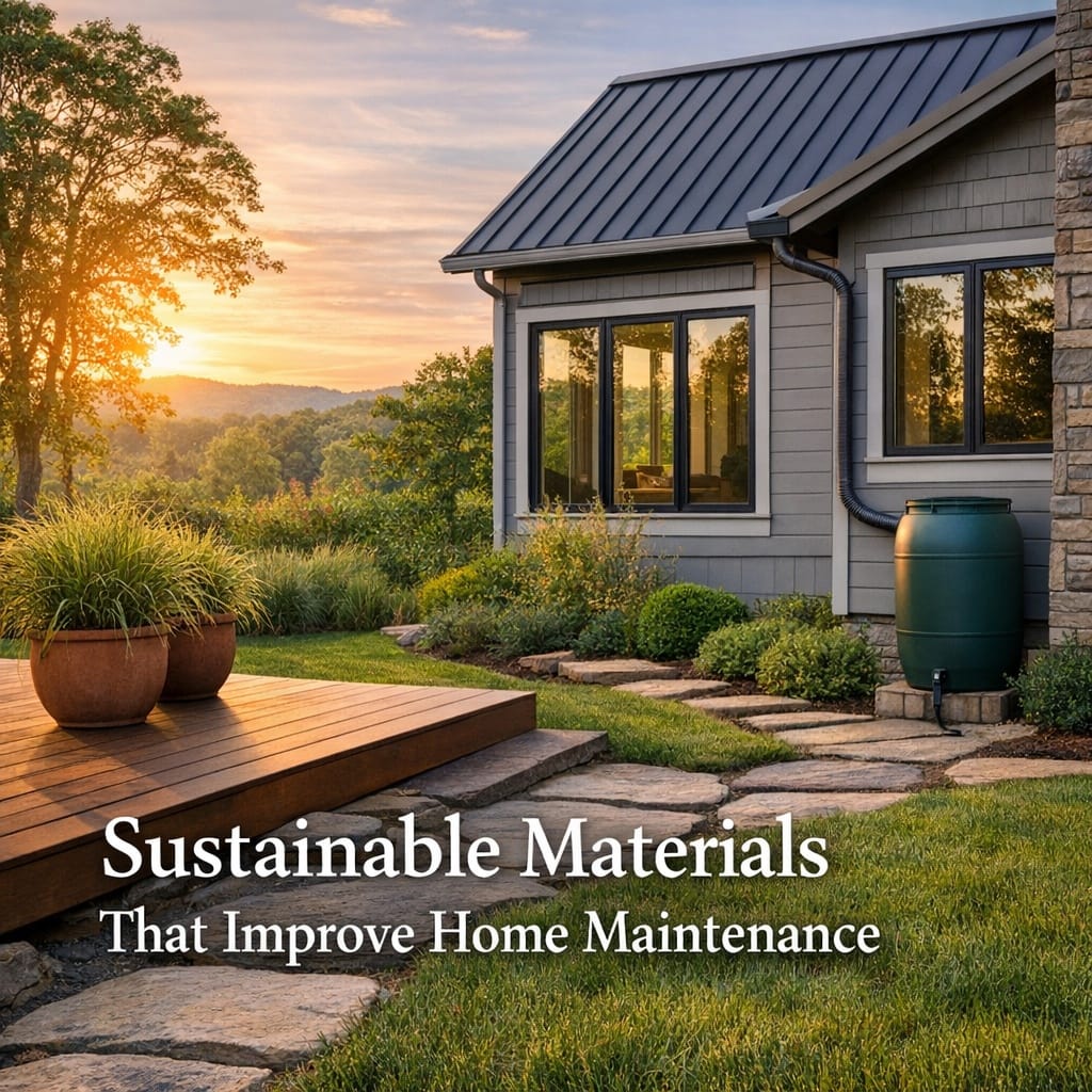 Low-maintenance sustainable home exterior with metal roof, fibre cement cladding, stone path, composite deck, and rain barrel in a landscaped garden