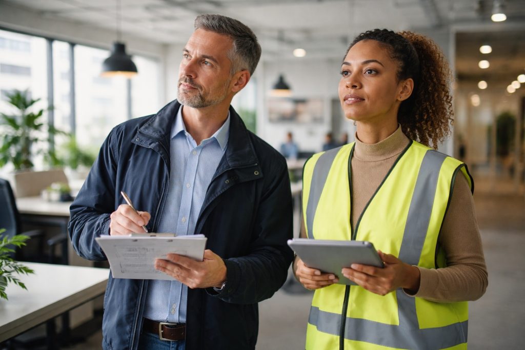 Two workplace safety staff reviewing a modern business interior with a clipboard and tablet