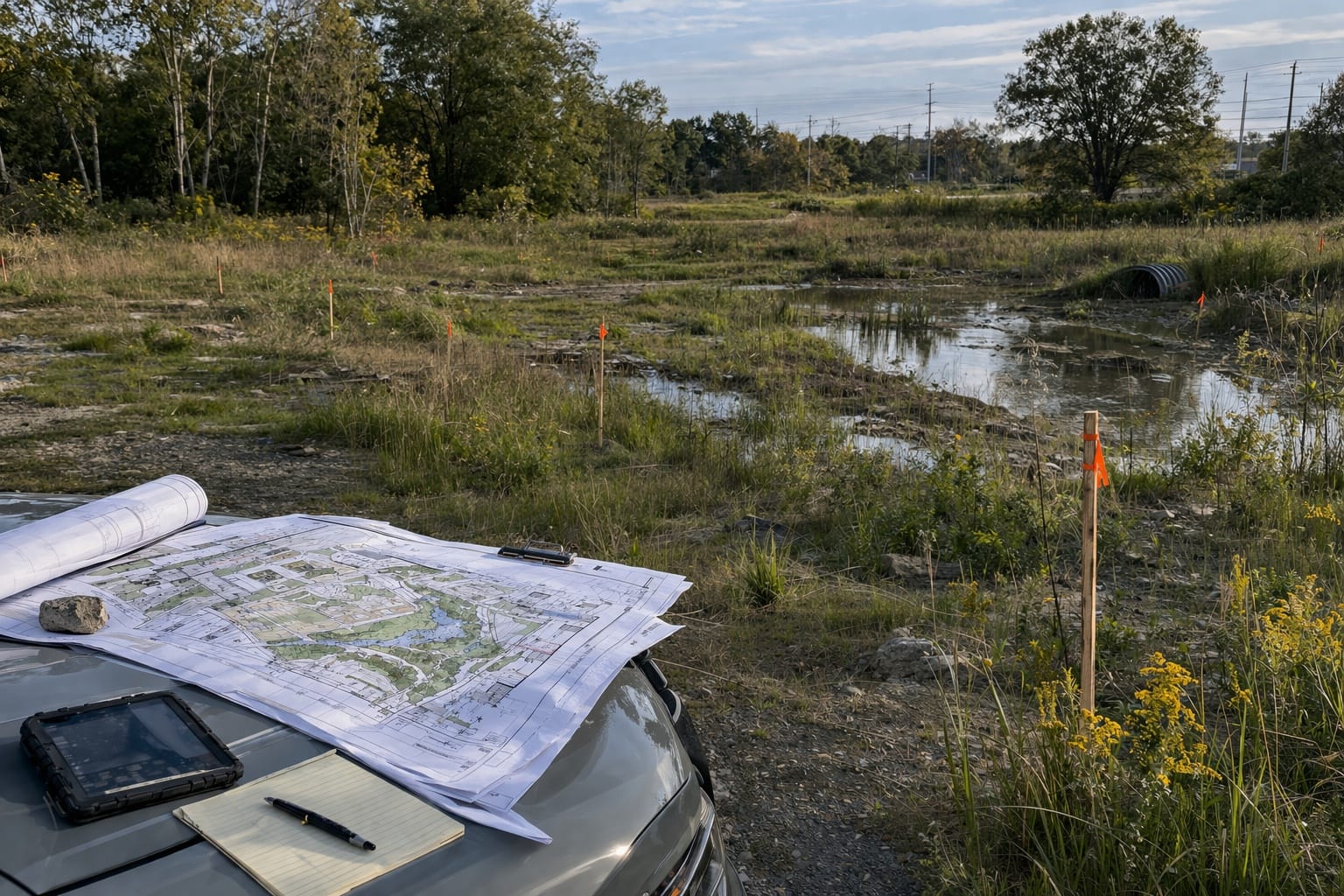 Undeveloped site with survey stakes, rough grass, shallow wet ground, and site plans laid out for review on a vehicle bonnet before construction.