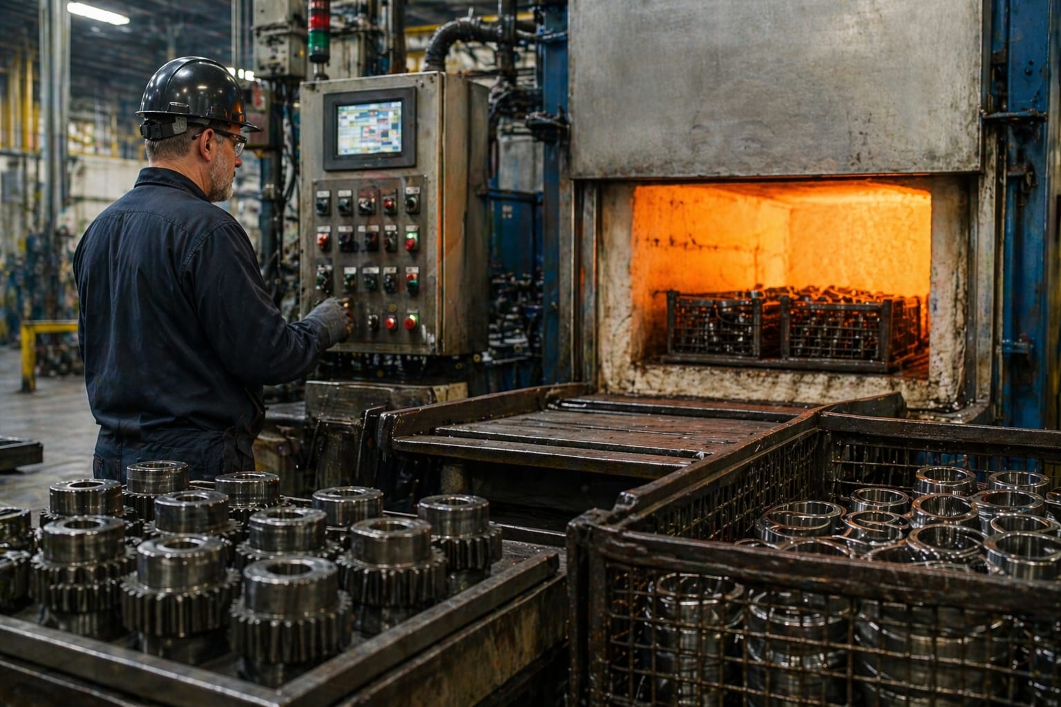 Industrial worker operating heat treatment equipment beside a furnace and metal components in a manufacturing facility