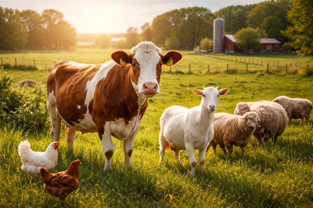 Healthy livestock grazing in a well-managed pasture on a mixed farm, illustrating natural and eco-friendly animal care practices