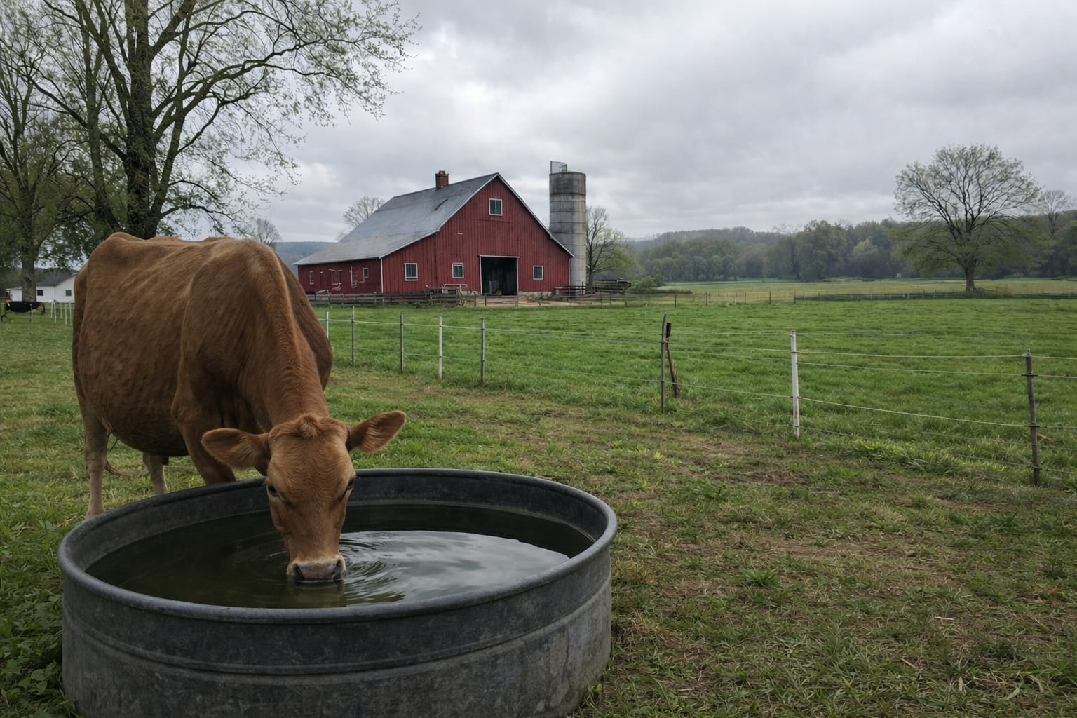 Cow drinking from a water trough in a small farm pasture under an overcast sky