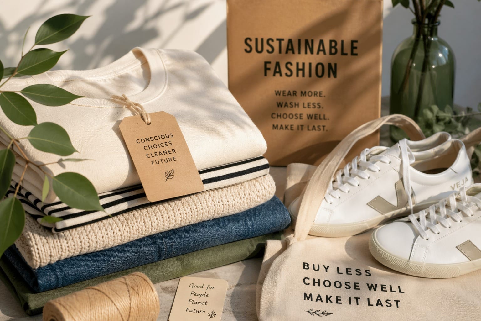 Folded clothing, white sneakers, and a tote bag arranged in a clean editorial still life about sustainable fashion