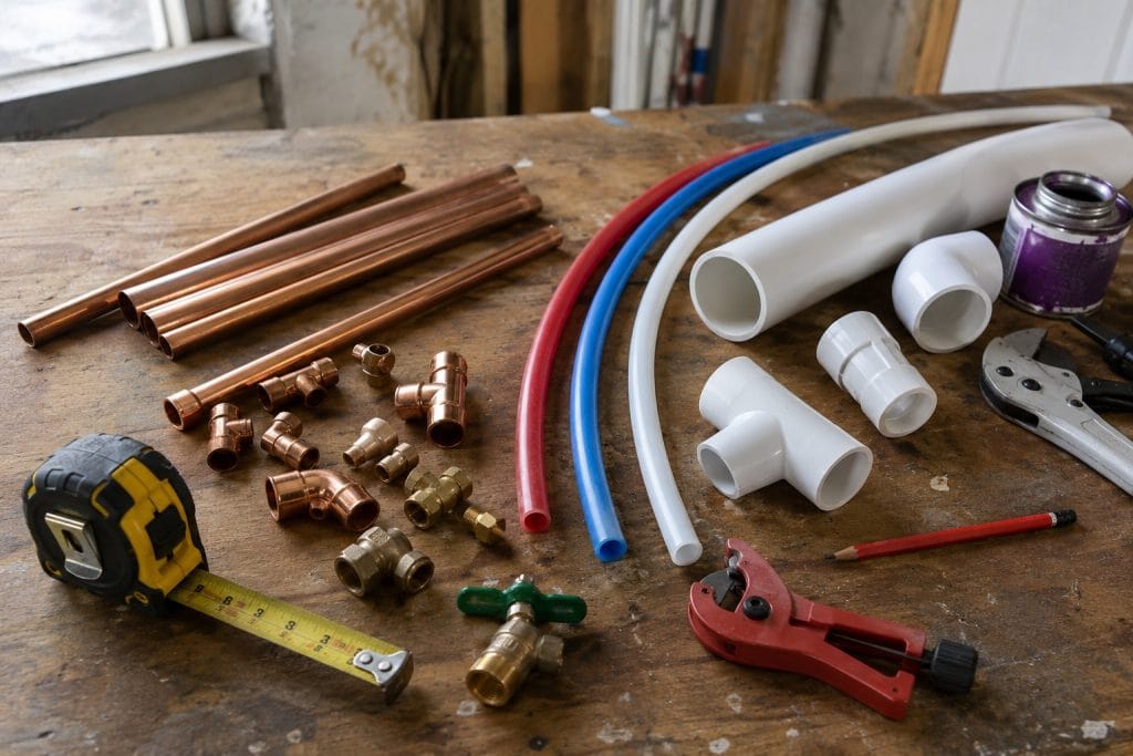 Copper, PVC, and PEX plumbing materials laid out on a wooden workbench with basic renovation tools.