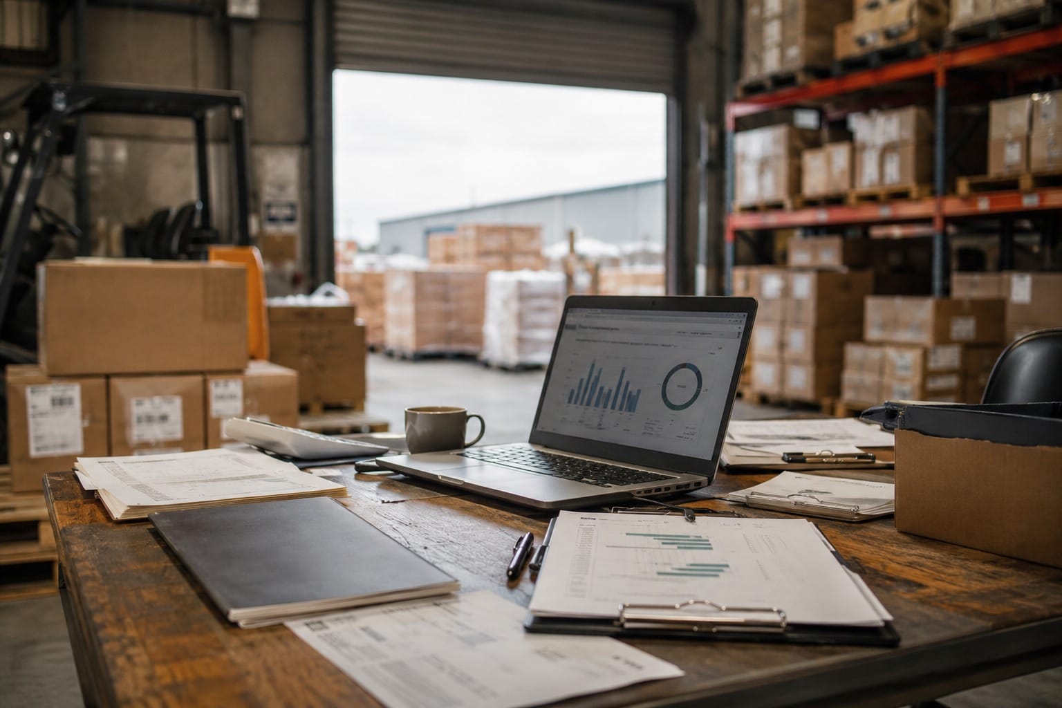 Warehouse desk with emissions reports, laptop charts, boxes and pallets in the background