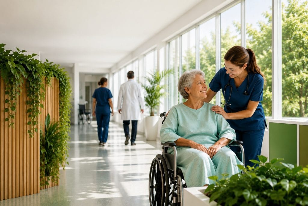 A nurse speaks with an older patient in a wheelchair in a bright hospital corridor with indoor plants and natural daylight.